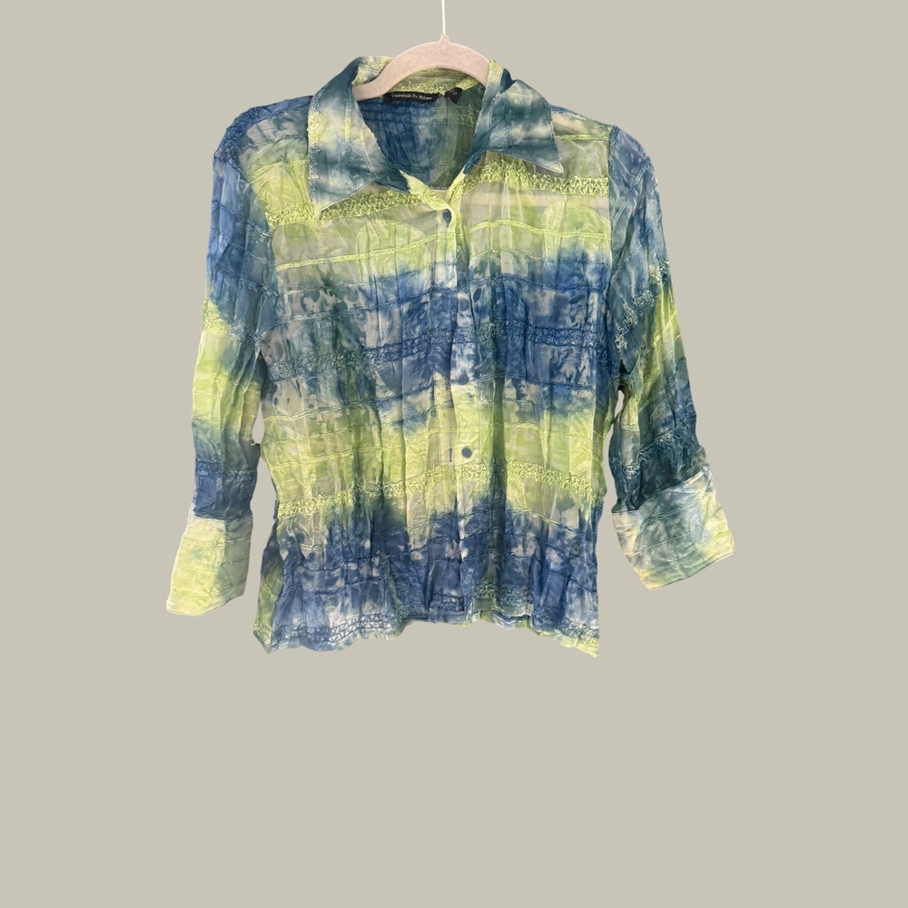 Essentials‎ By Milano Blue Green Tie Dye Crinkle Lace Trim Fairy Boho Shirt M